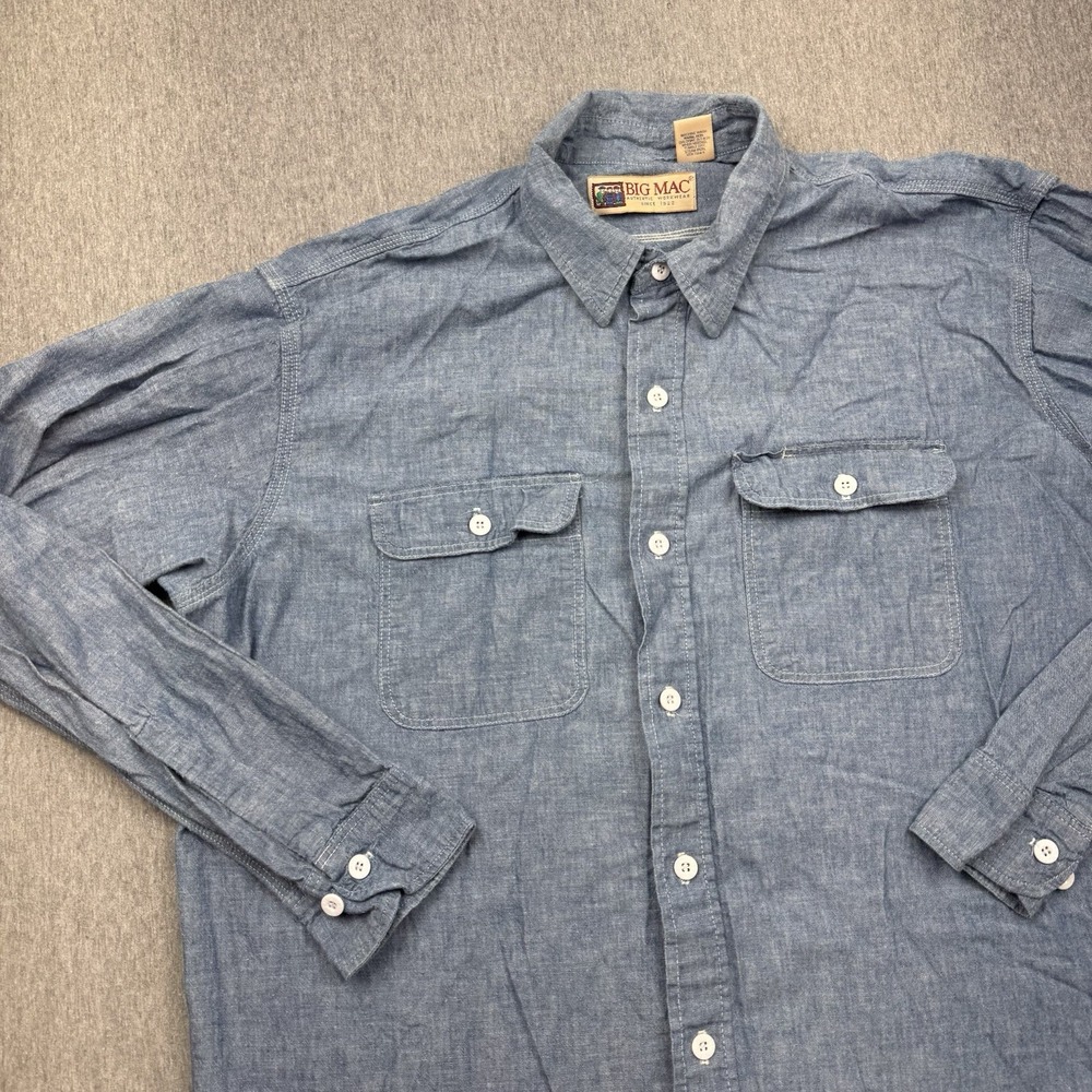 Big Mac Chambray Work Shirt Mens Sz XLT Blue Button Up Workwear USA 80s 90s Vtg